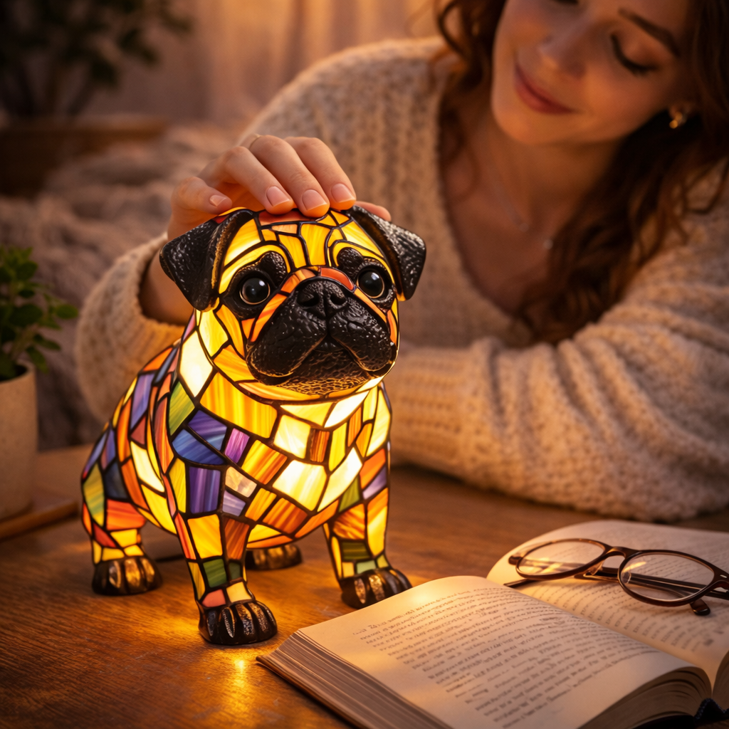 Dog Shape LED Table Lamp Night Light Stained Glass Style