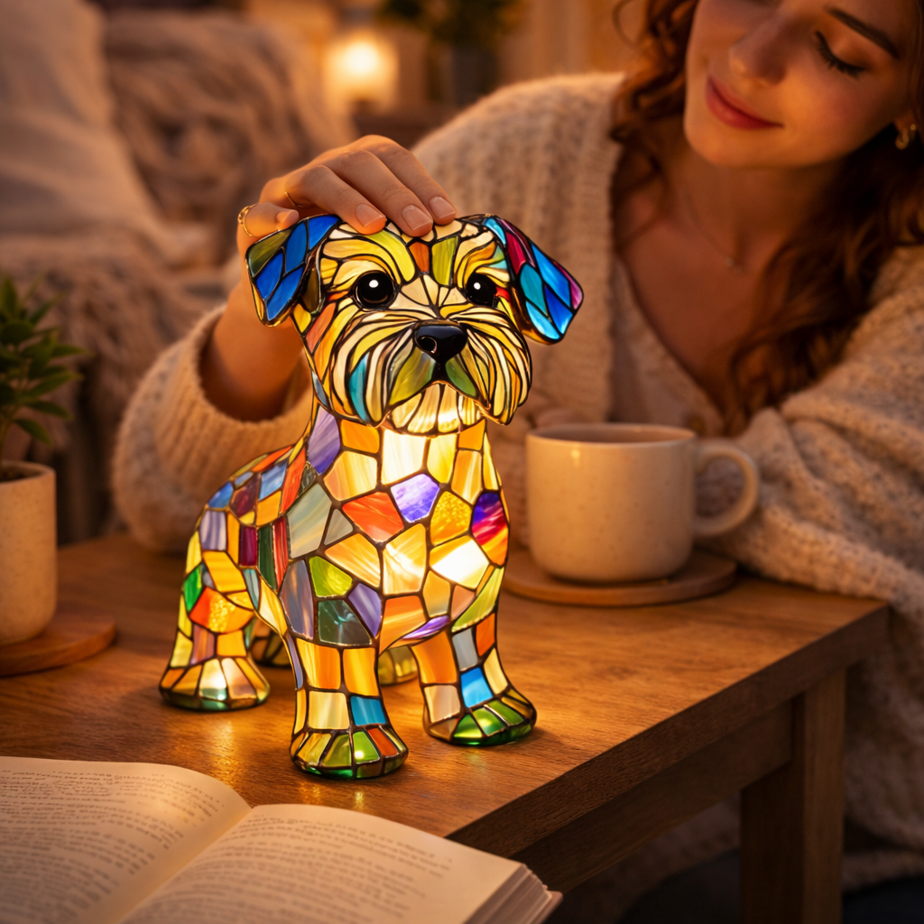 Dog Shape LED Table Lamp Night Light Stained Glass Style