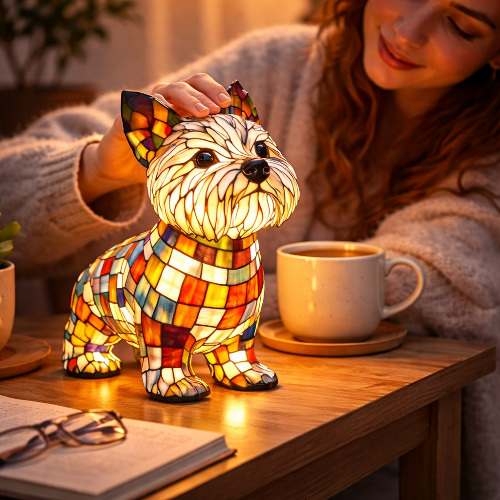 Dog Shape LED Table Lamp Night Light Stained Glass Style
