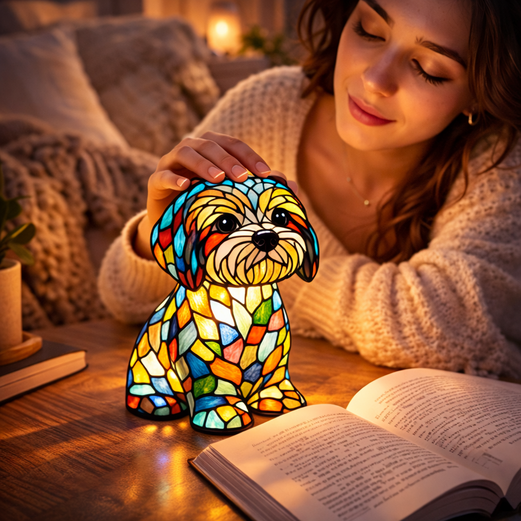 Dog Shape LED Table Lamp Night Light Stained Glass Style