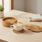 Rattan Circular Drink Coaster Set with Holder Handwoven Coasters