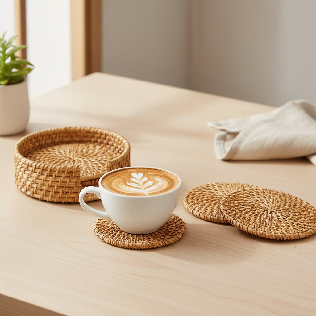 Rattan Circular Drink Coaster Set with Holder Handwoven Coasters