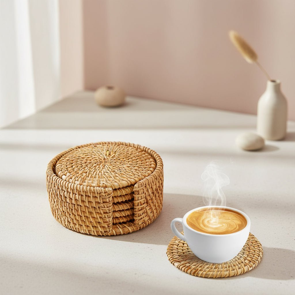 Rattan Circular Drink Coaster Set with Holder Handwoven Coasters