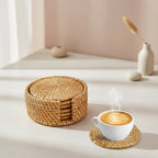 Rattan Circular Drink Coaster Set with Holder Handwoven Coasters