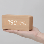 Wooden LED Digital Desk Clock Voice Control Adjustable Brightness
