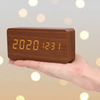 Wooden LED Digital Desk Clock Voice Control Adjustable Brightness