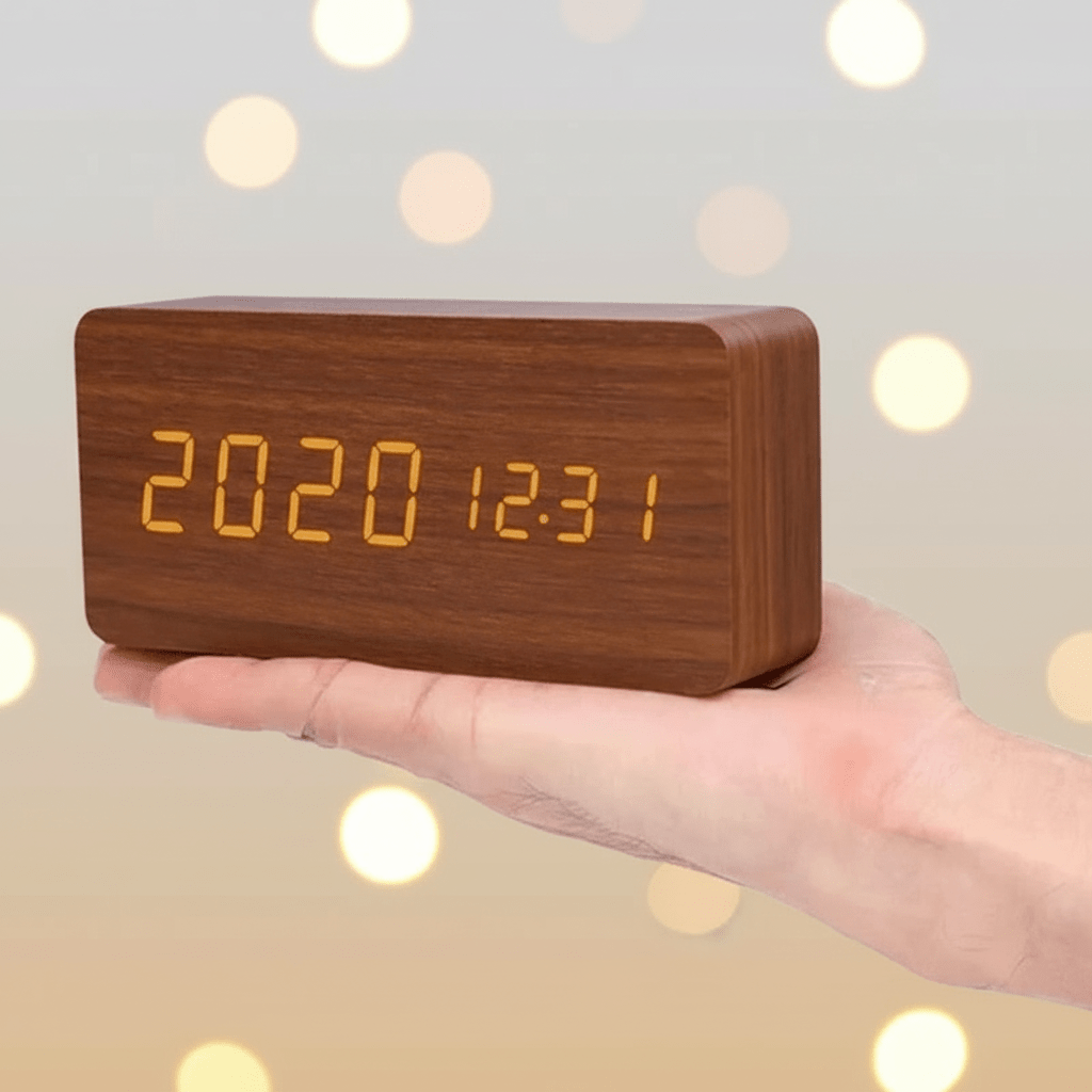Wooden LED Digital Desk Clock Voice Control Adjustable Brightness