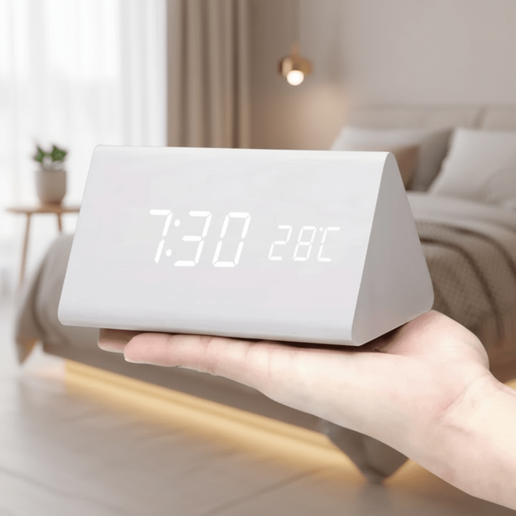 Wooden LED Digital Desk Clock Voice Control Adjustable Brightness