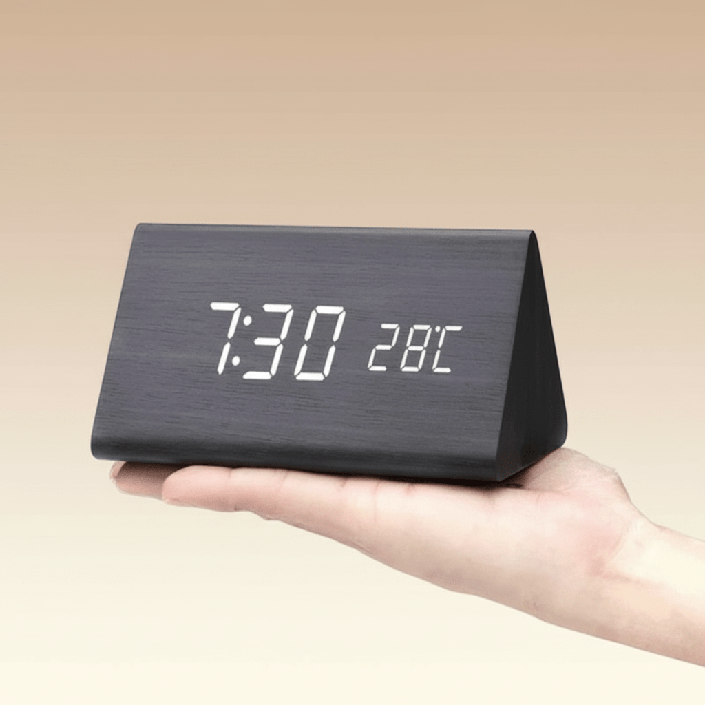 Wooden LED Digital Desk Clock Voice Control Adjustable Brightness