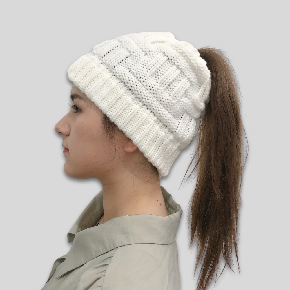Women's Winter Beanie Hat with Messy Bun Opening Knit Hat