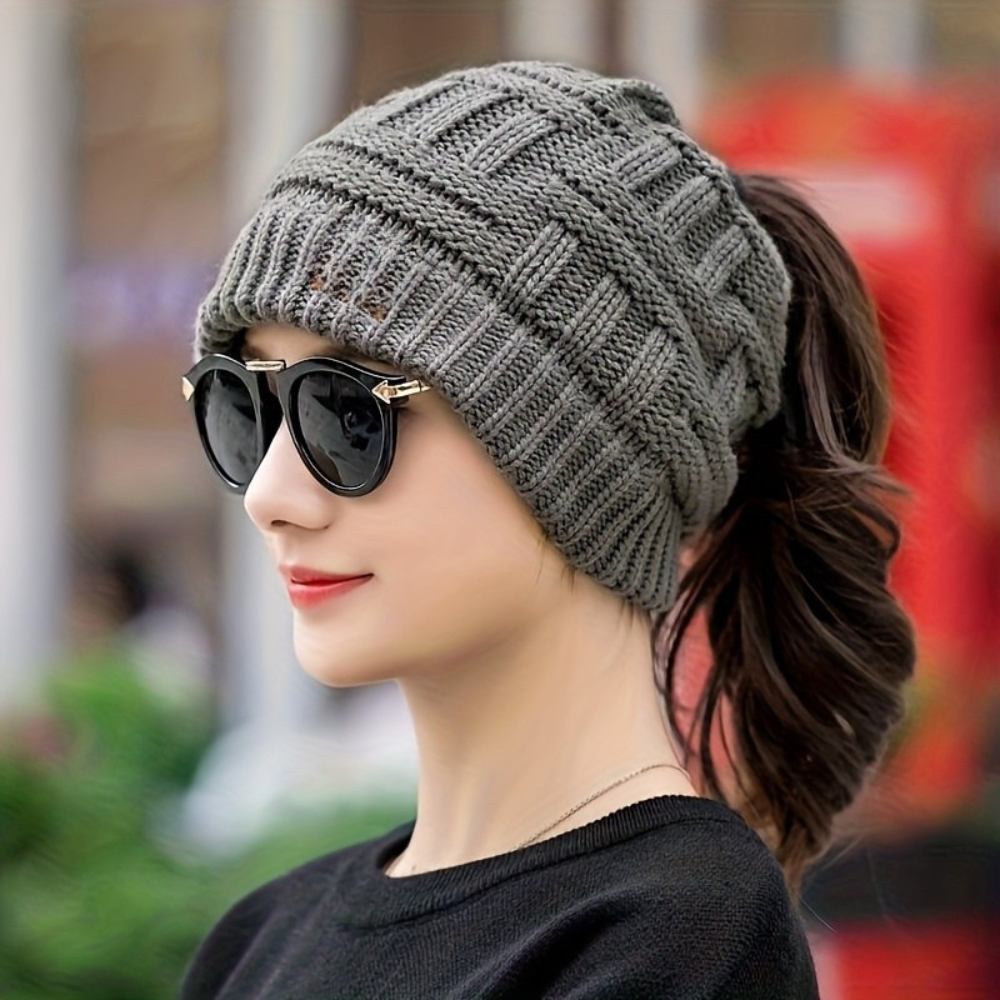 Women's Winter Beanie Hat with Messy Bun Opening Knit Hat