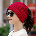 Women's Winter Beanie Hat with Messy Bun Opening Knit Hat