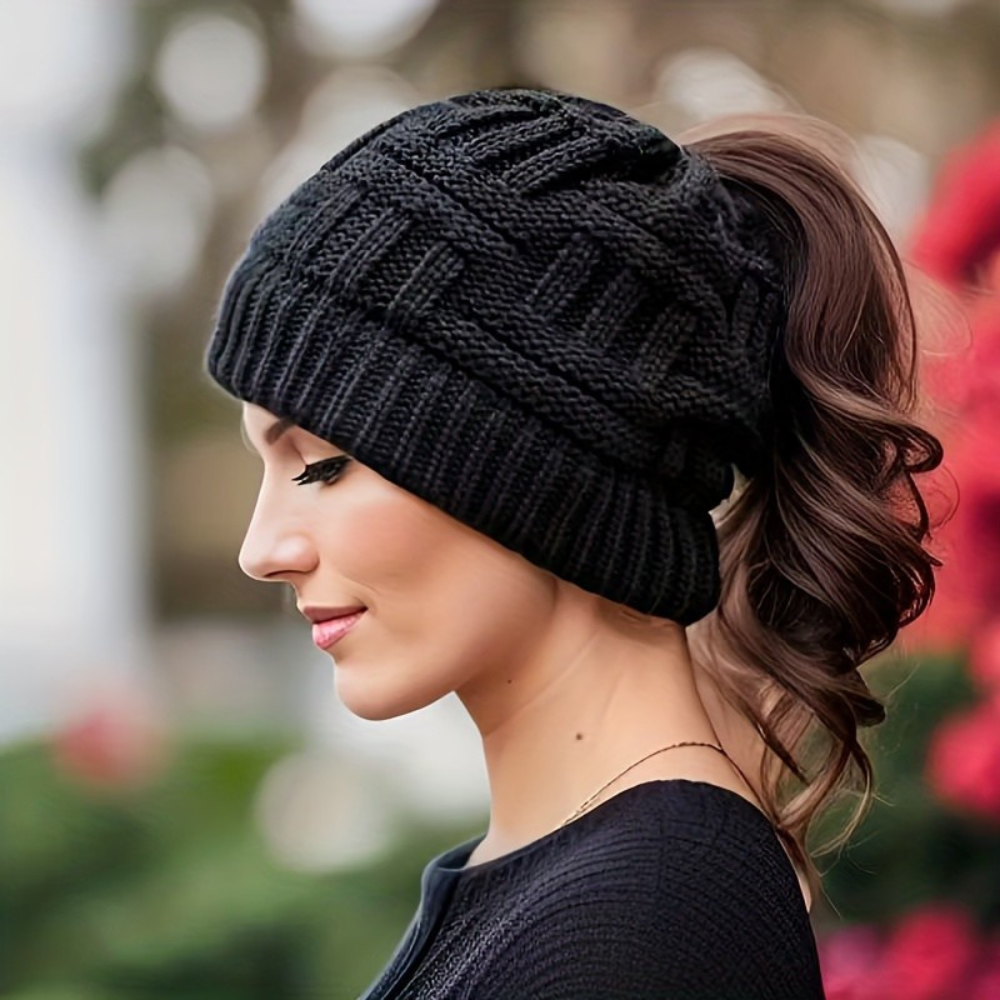 Women's Winter Beanie Hat with Messy Bun Opening Knit Hat