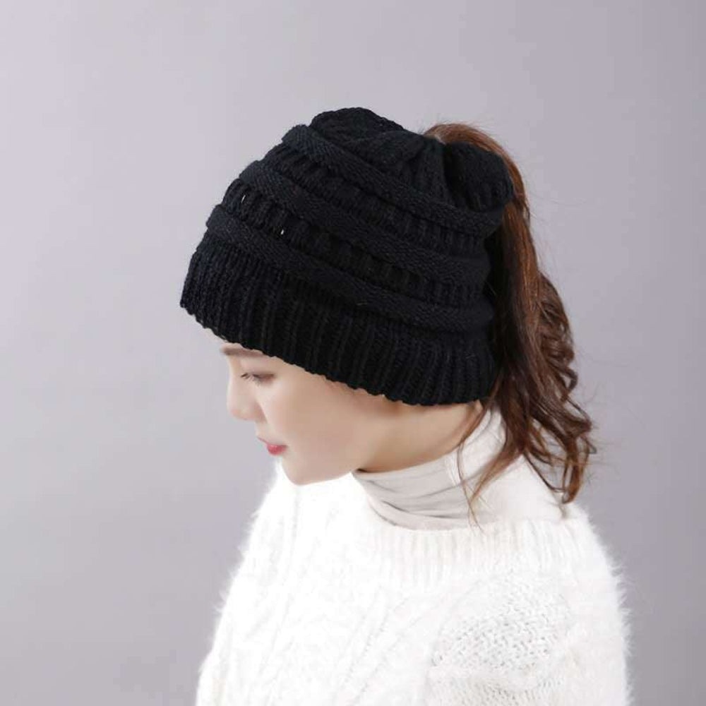Women's Winter Beanie Hat with Messy Bun Opening Knit Hat