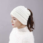 Women's Winter Beanie Hat with Messy Bun Opening Knit Hat