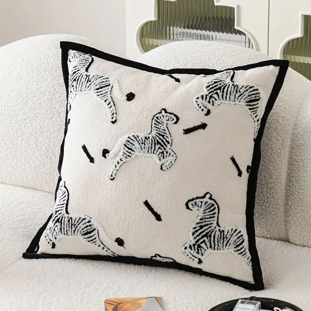 Square Embroidered Cushion Cover with Zebra Dash Pattern