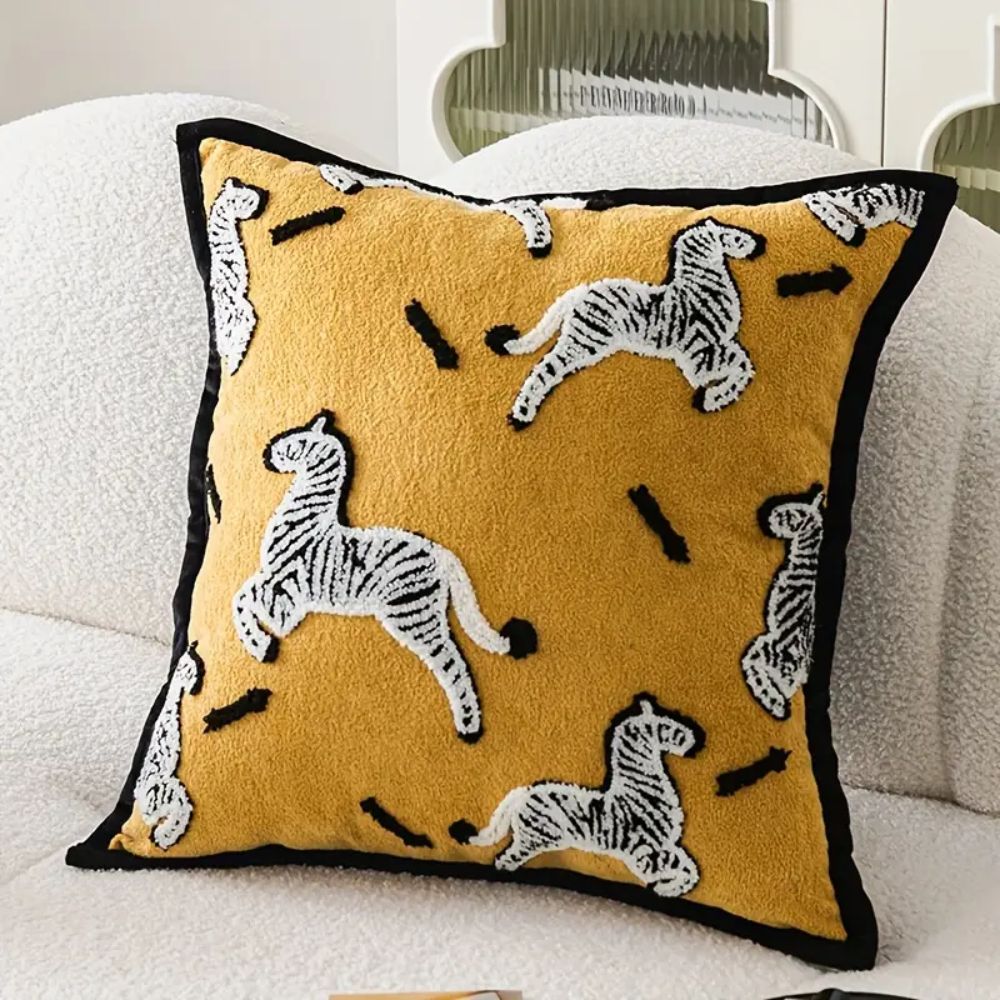 Square Embroidered Cushion Cover with Zebra Dash Pattern