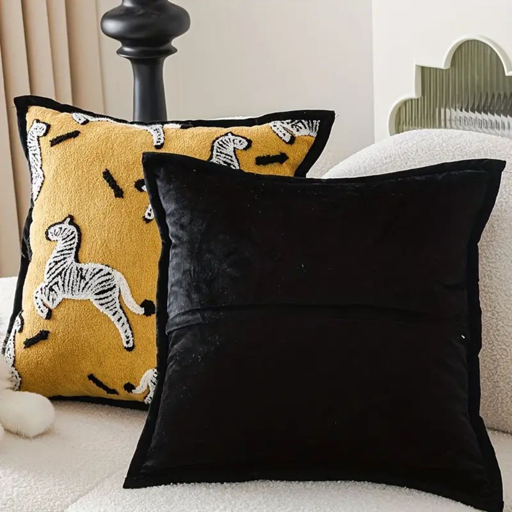 Square Embroidered Cushion Cover with Zebra Dash Pattern
