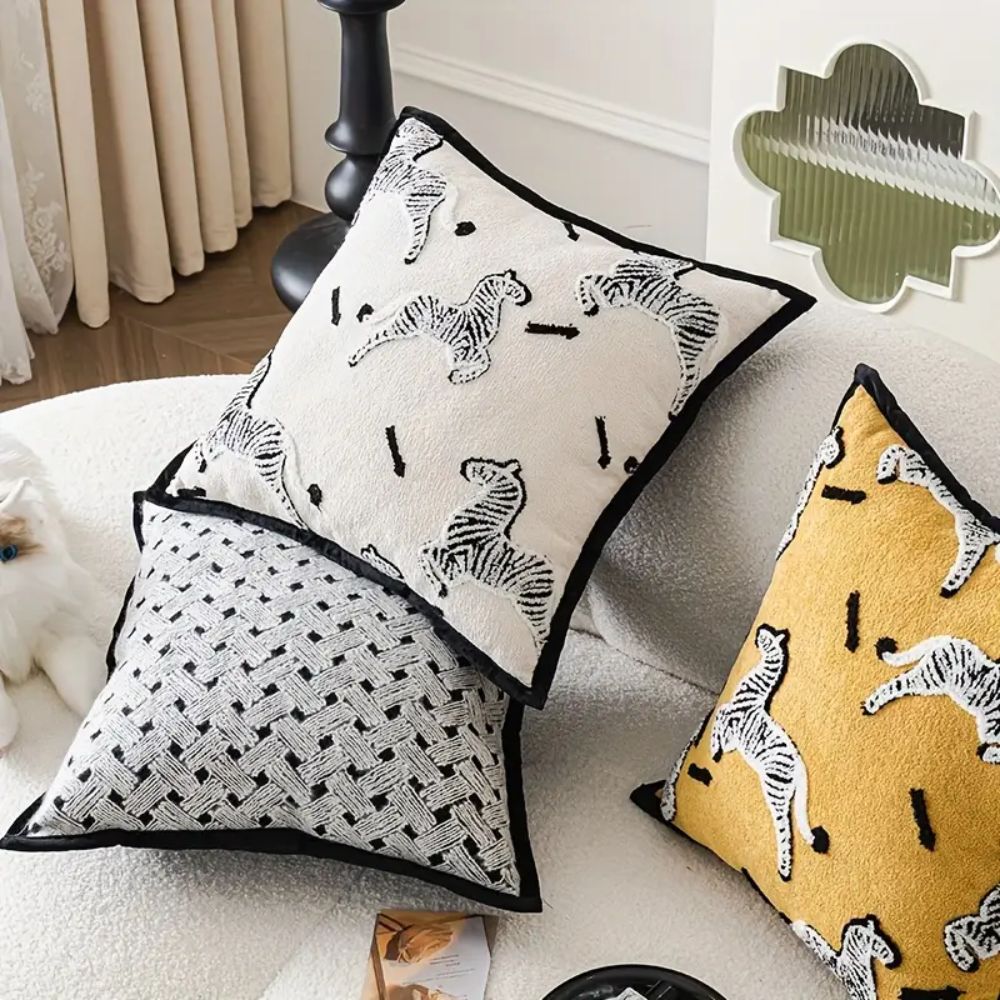 Square Embroidered Cushion Cover with Zebra Dash Pattern