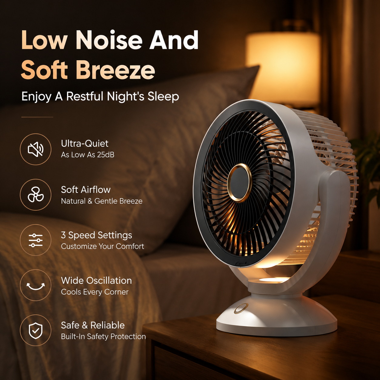 Rechargeable Portable USB Desk Fan with Night Light and Quiet Cooling