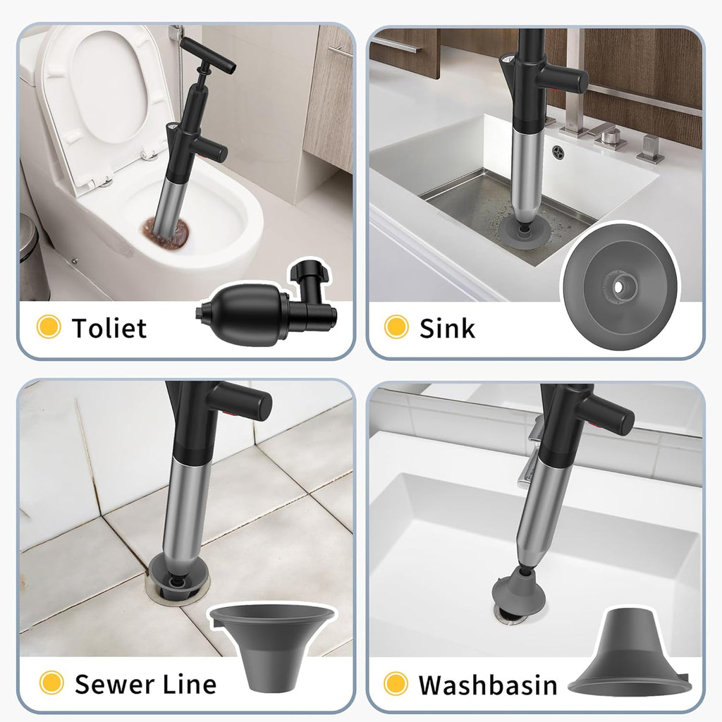 Toilet Plunger High Pressure Stainless Steel Handle Unclogger