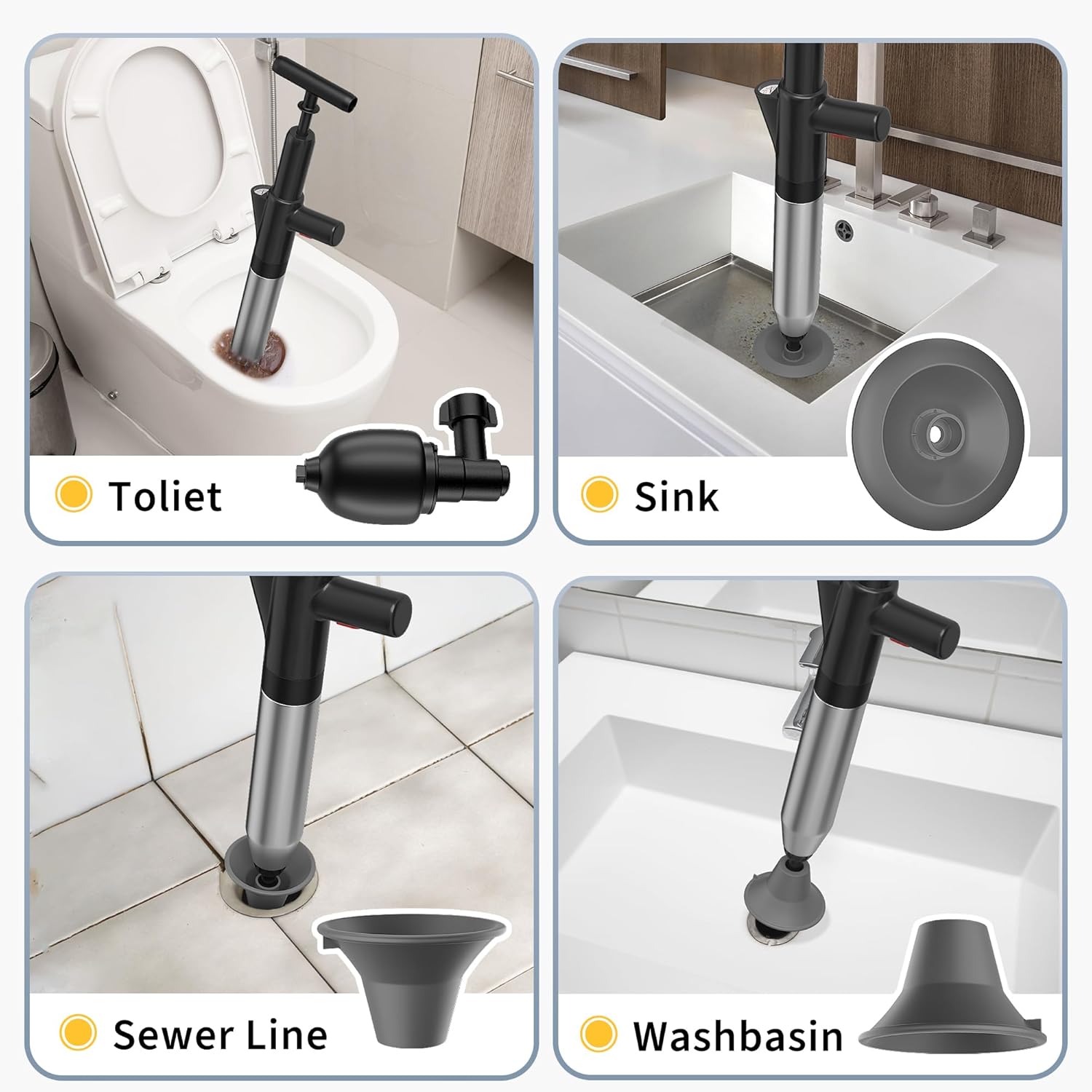 Toilet Plunger High Pressure Stainless Steel Handle Unclogger