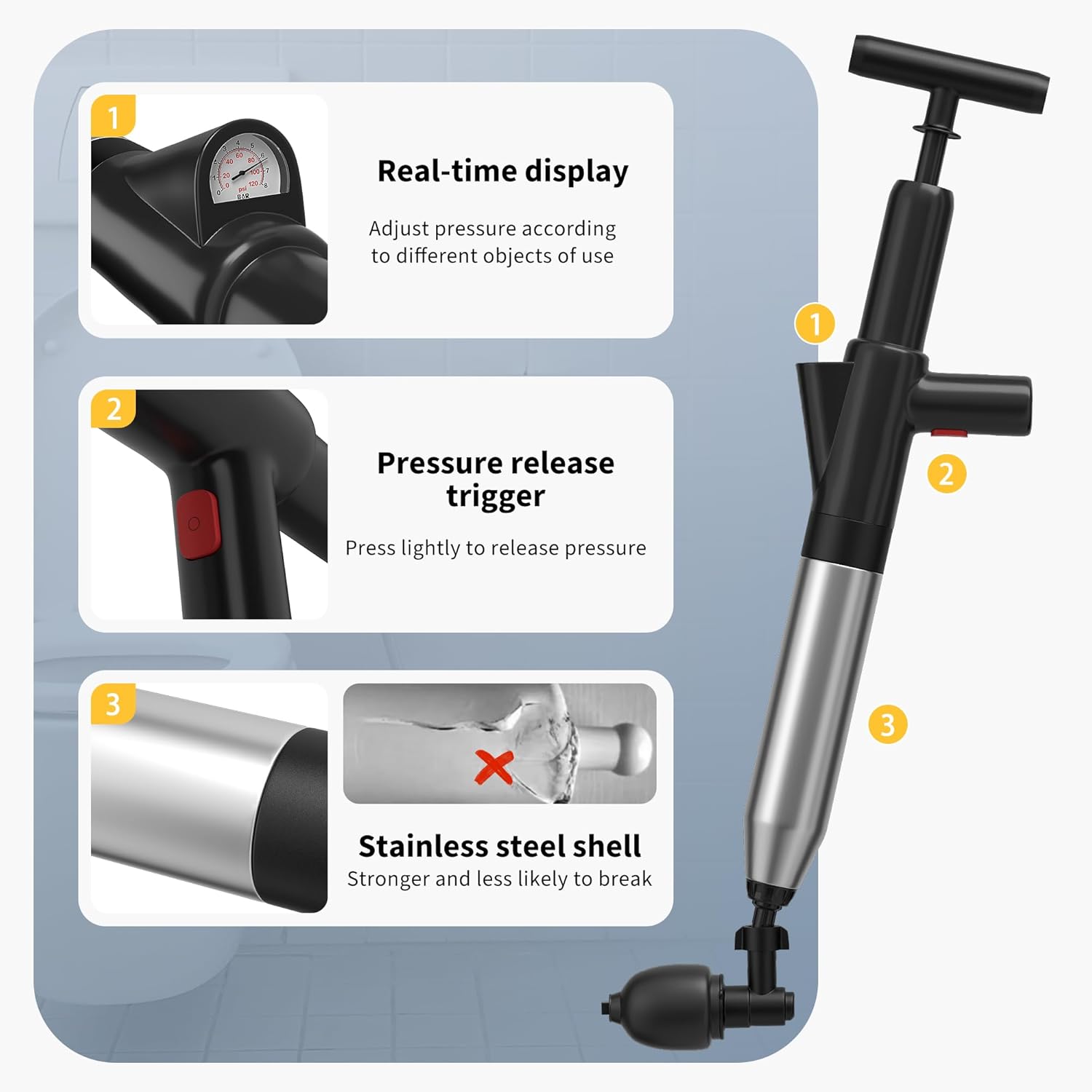 Toilet Plunger High Pressure Stainless Steel Handle Unclogger
