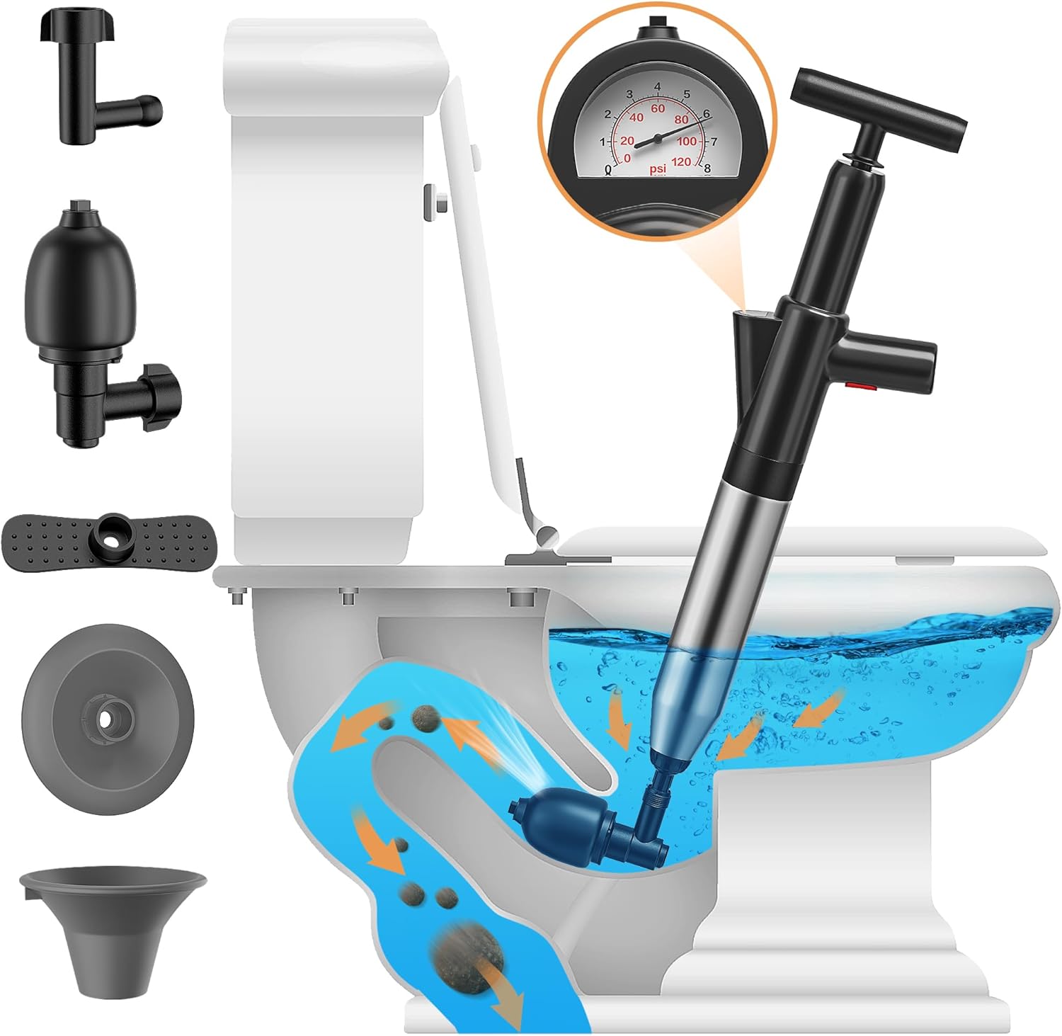 Toilet Plunger High Pressure Stainless Steel Handle Unclogger