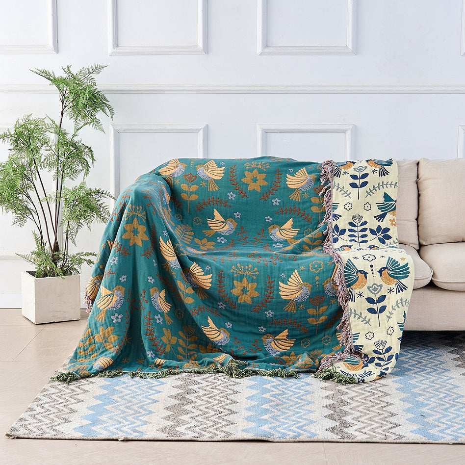 Square Cotton Throw Blanket Nordic Bird Pattern