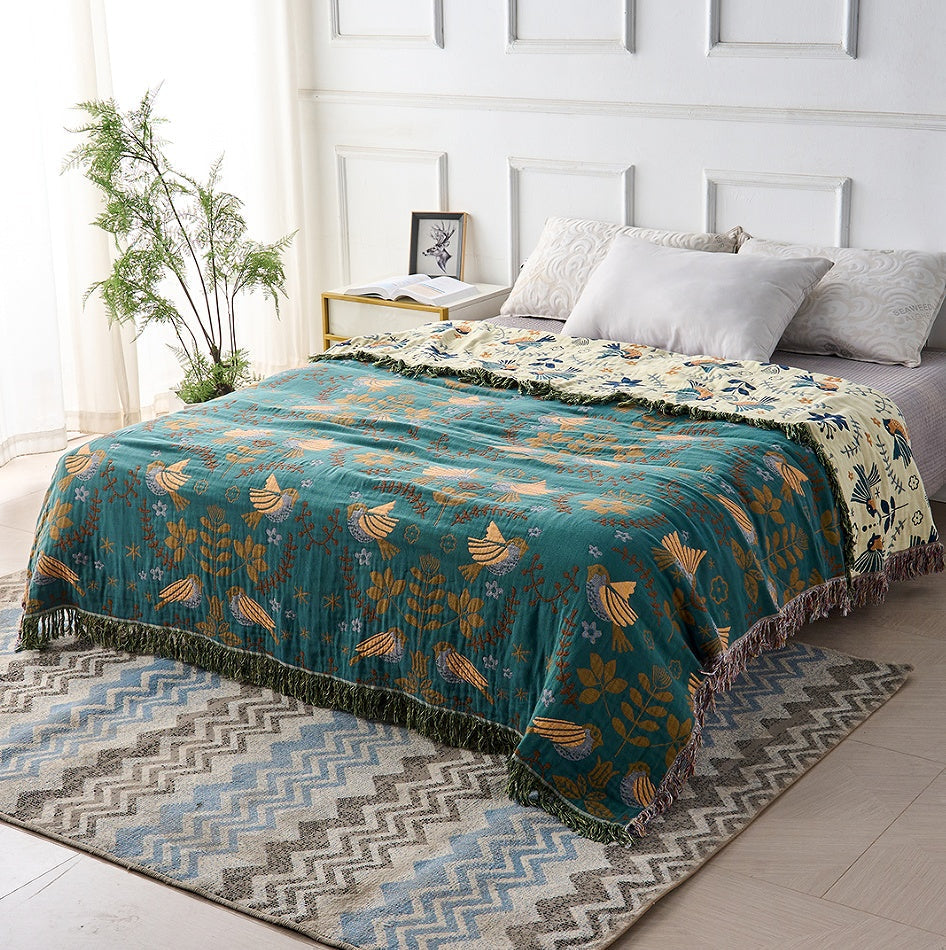 Square Cotton Throw Blanket Nordic Bird Pattern