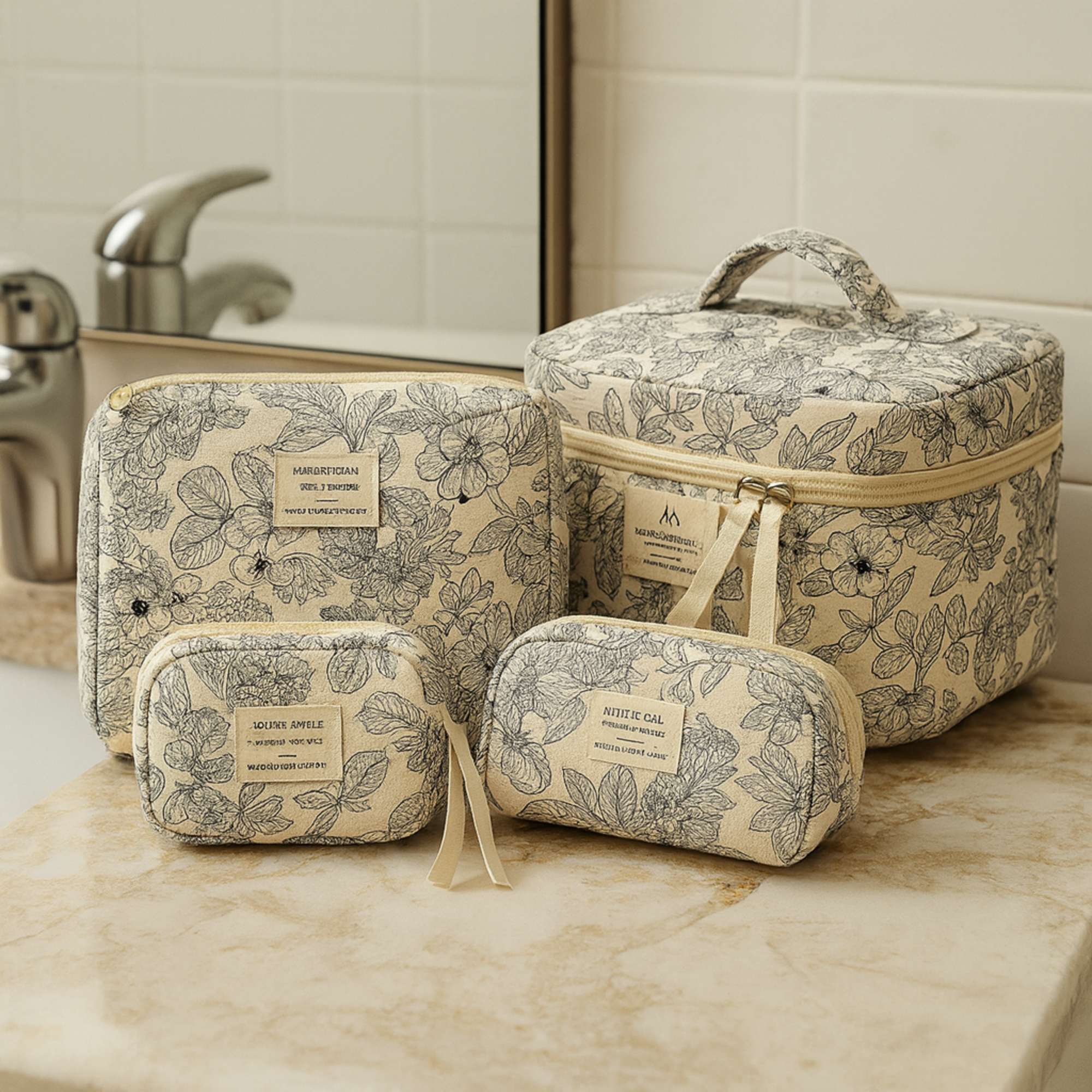 4 Piece Quilted Makeup Bag Set Organizer Pouches Cosmetic Storage Bags