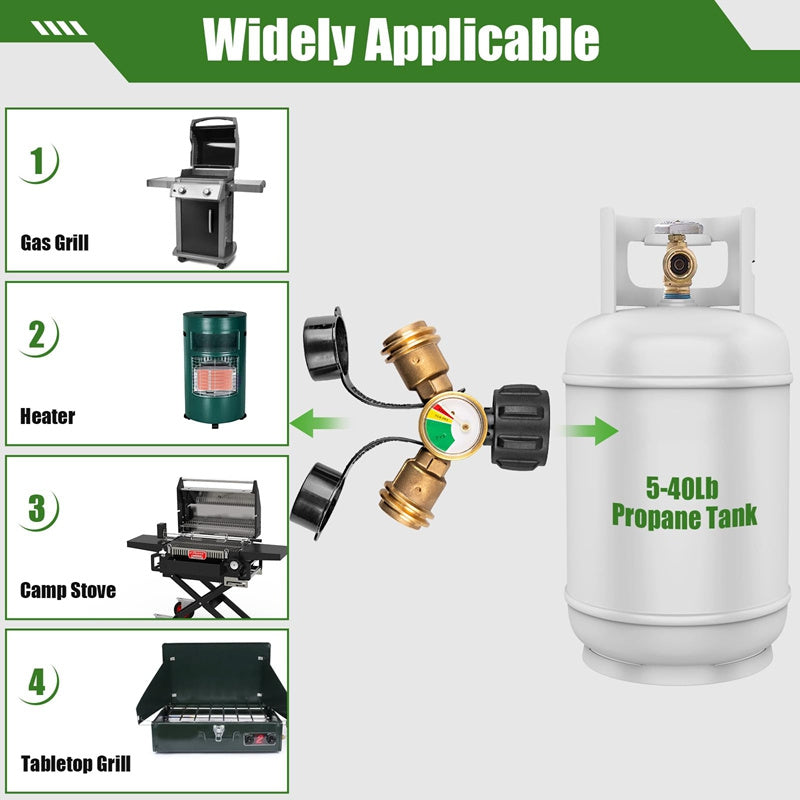 Propane Tank Y Splitter with Gauge and Shut Off Valve 2 Way LP Gas Adapter