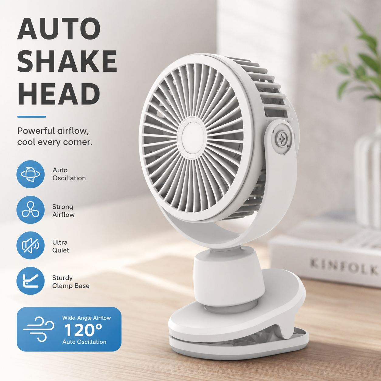 Rechargeable Clip-On Portable Desk Fan with 4-Speed and Battery