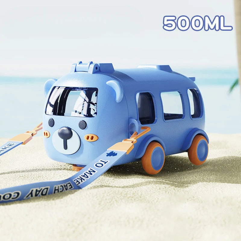 Plastic Cartoon Bus Shaped Water Bottle with Straw 16 oz