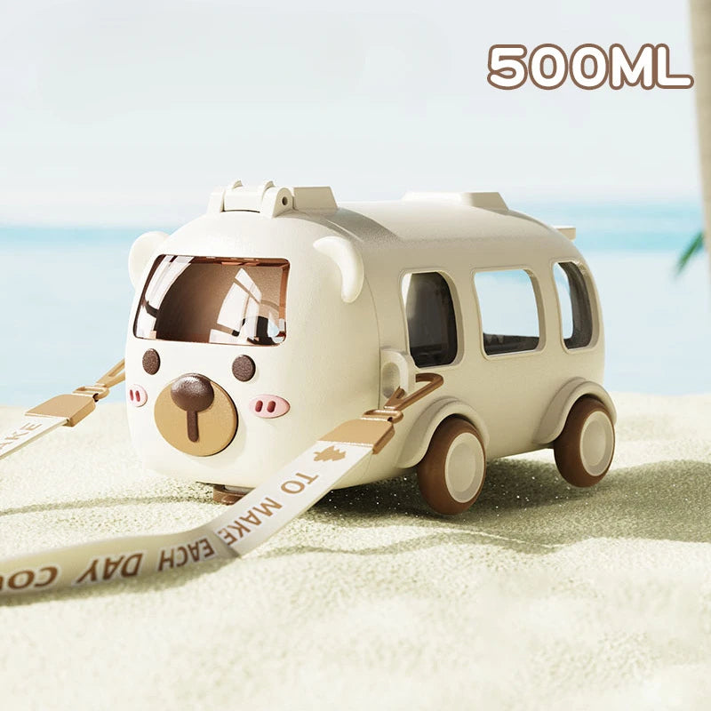 Plastic Cartoon Bus Shaped Water Bottle with Straw 16 oz
