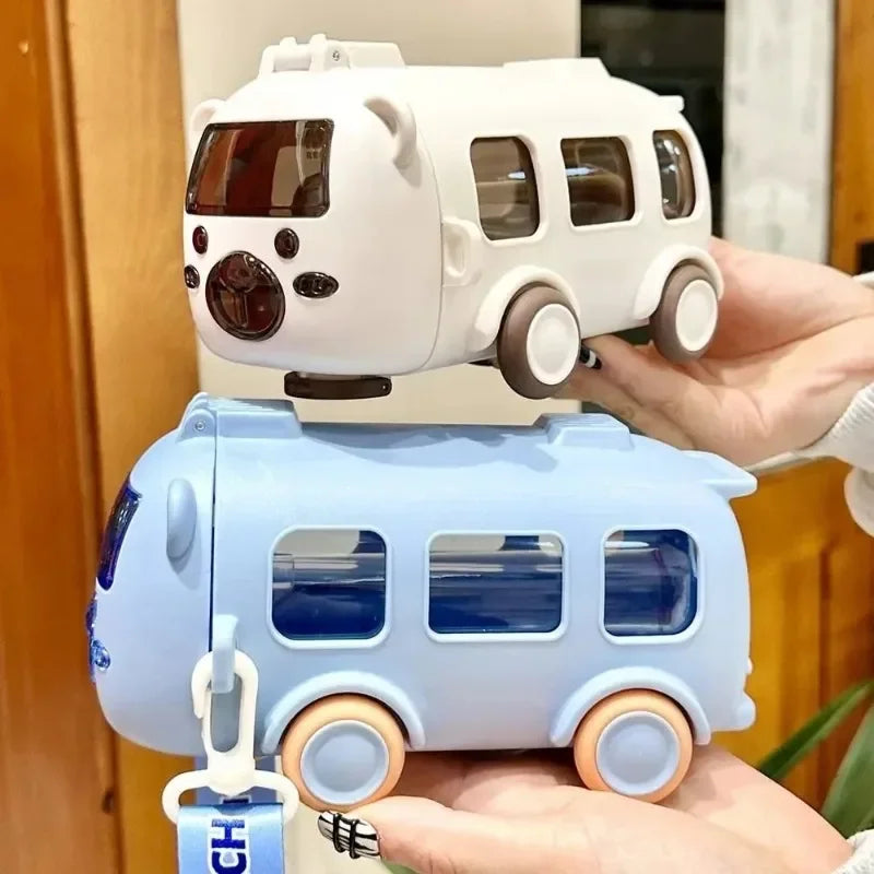 Plastic Cartoon Bus Shaped Water Bottle with Straw 16 oz