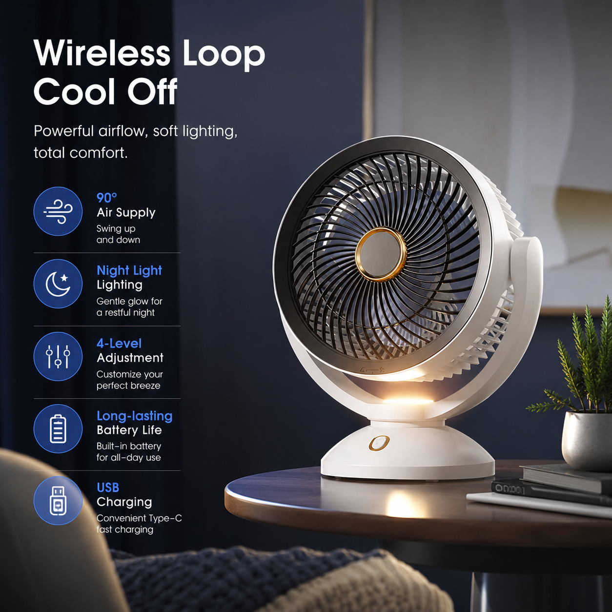 Rechargeable Portable USB Desk Fan with Night Light and Quiet Cooling