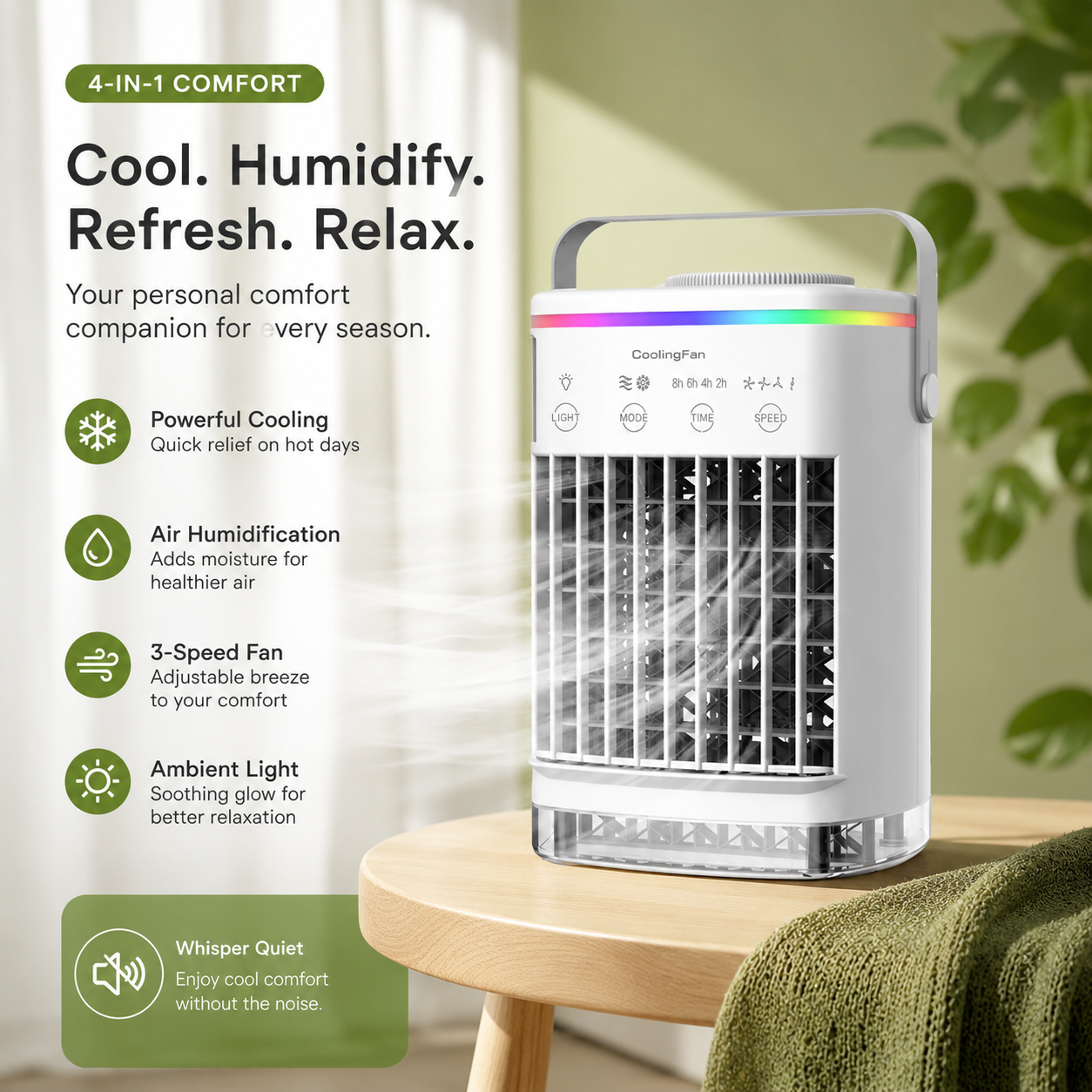 Portable Mini Air Conditioner Fan 4 in 1 USB Air Cooler Humidifier Timer