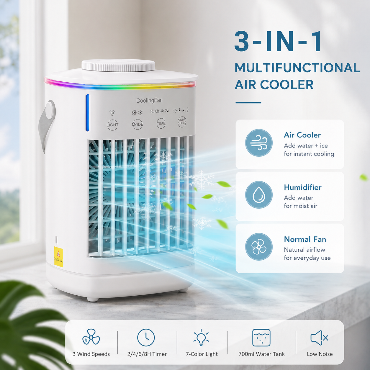 Portable Air Conditioner Humidifier Table Fan with USB Timer and RGB Light