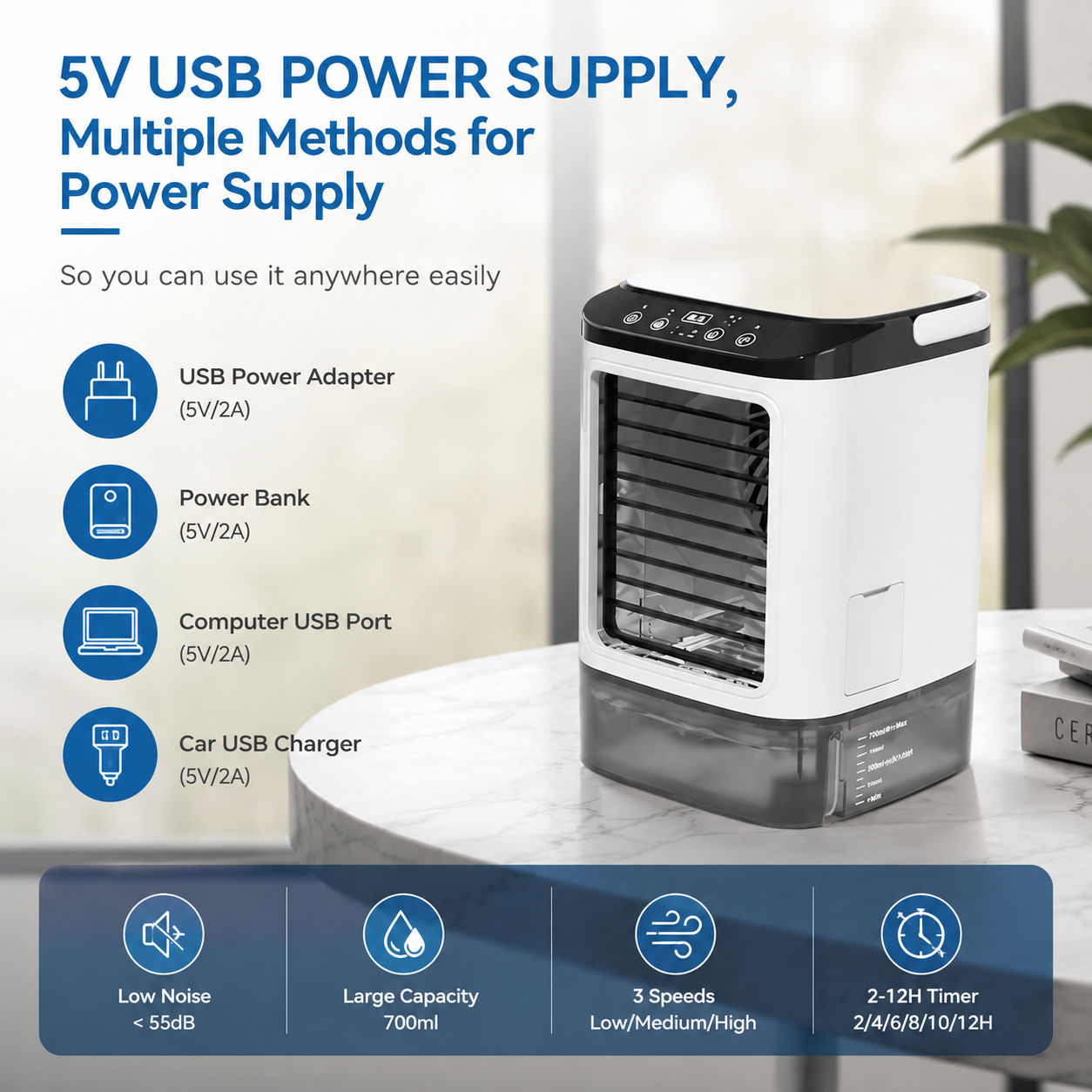 Portable Mini Air Conditioner with Water Tank 3-Speed Humidifier