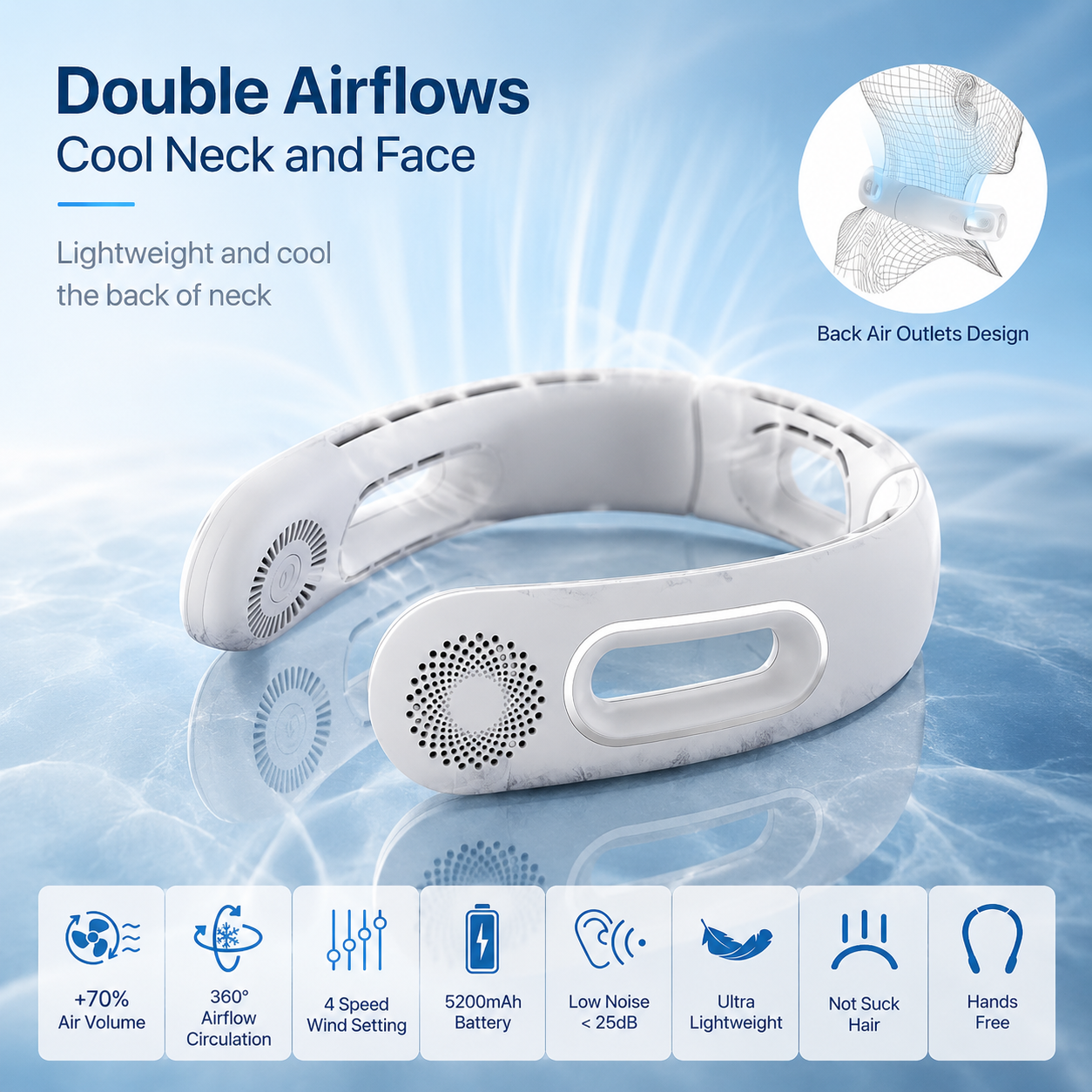 Bladeless Portable Rechargeable Neck Fan 4-Speed 360 Degree Cooling Fan