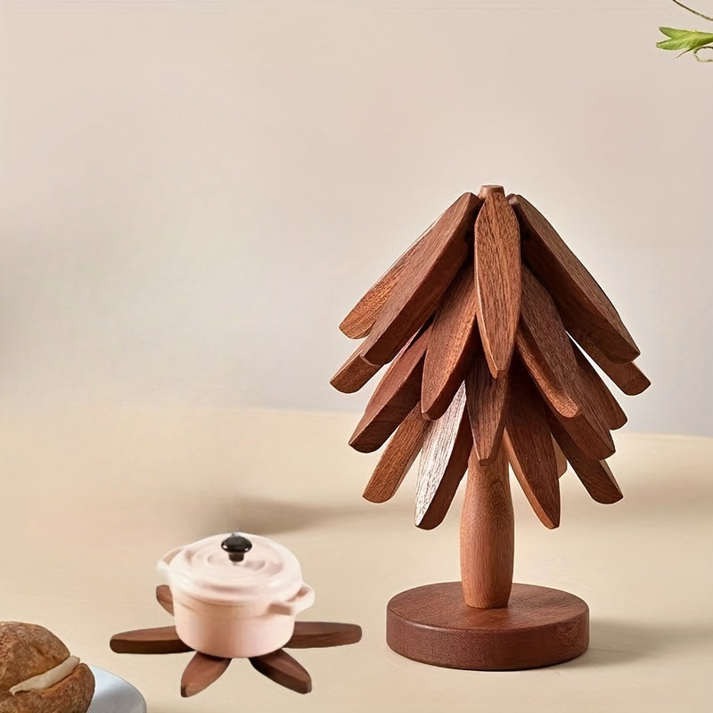 Wood Round Trivets Set with Tree Shaped Stand