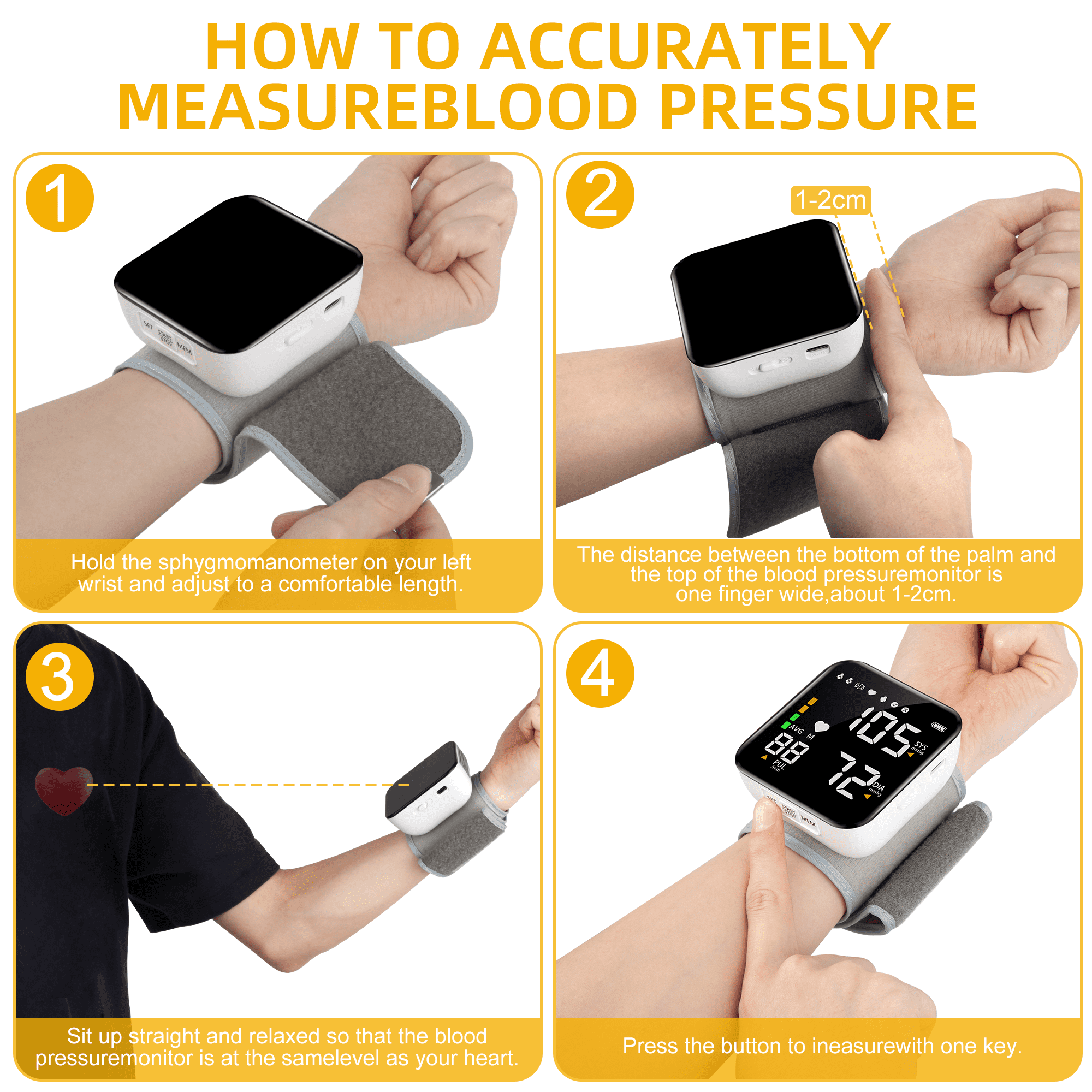 Automatic Wrist Blood Pressure Monitor with Adjustable Cuff Large LCD