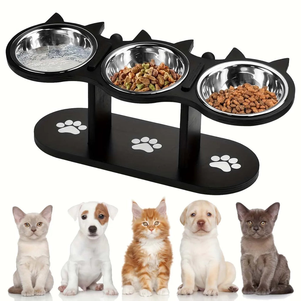 Elevated Cat Feeding Station with Stainless Steel Bowls Set