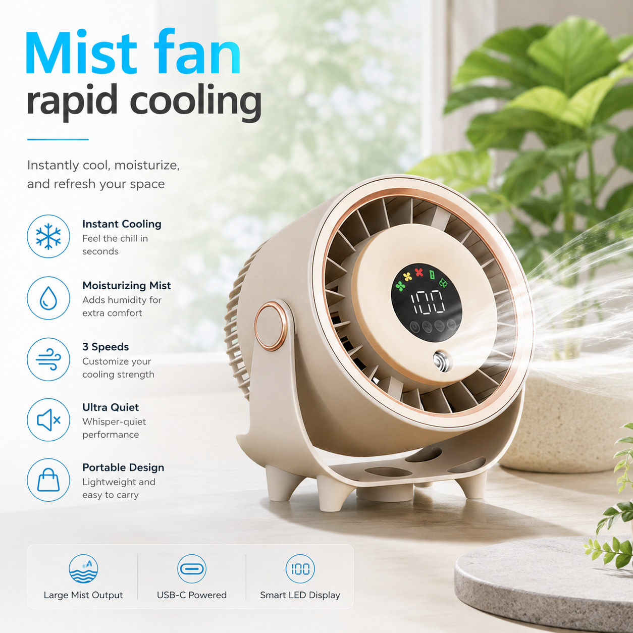 Portable Wall Mount Misting Fan Humidifier Digital Display Quiet Cooling
