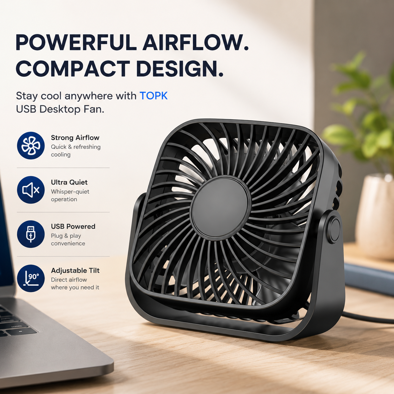 USB Mini Portable Desk Fan 4 Inch 3 Speed Quiet Adjustable Table Fan