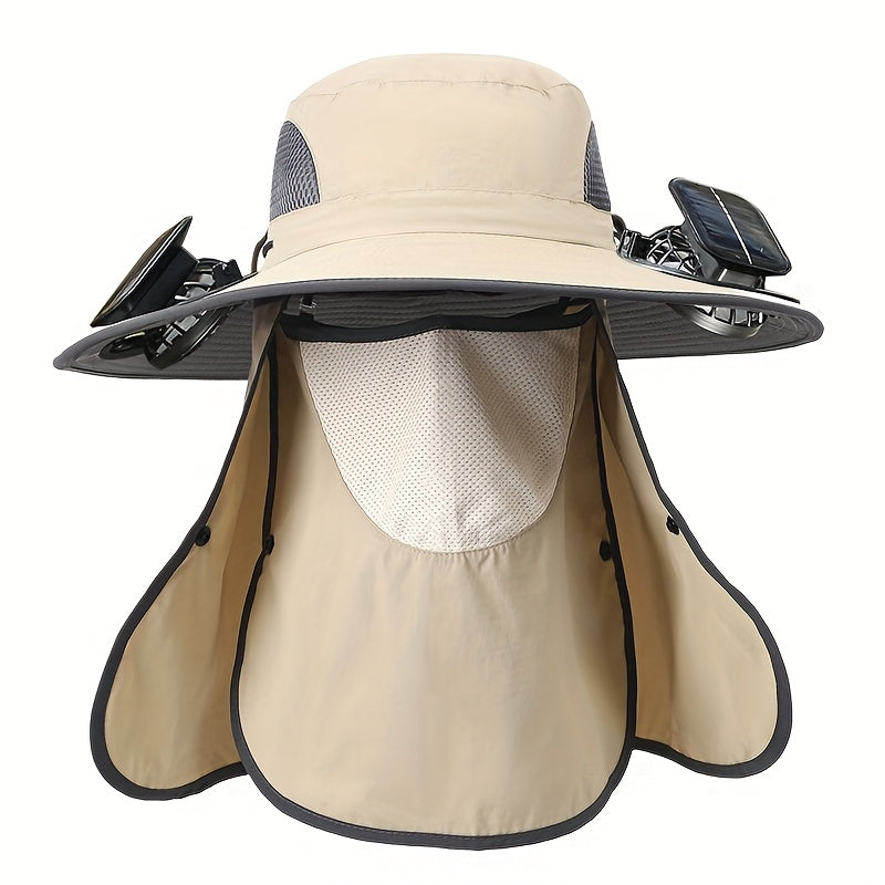 Outdoor Fishing Hat with Dual Solar Fans USB Charging Removable Sunshade