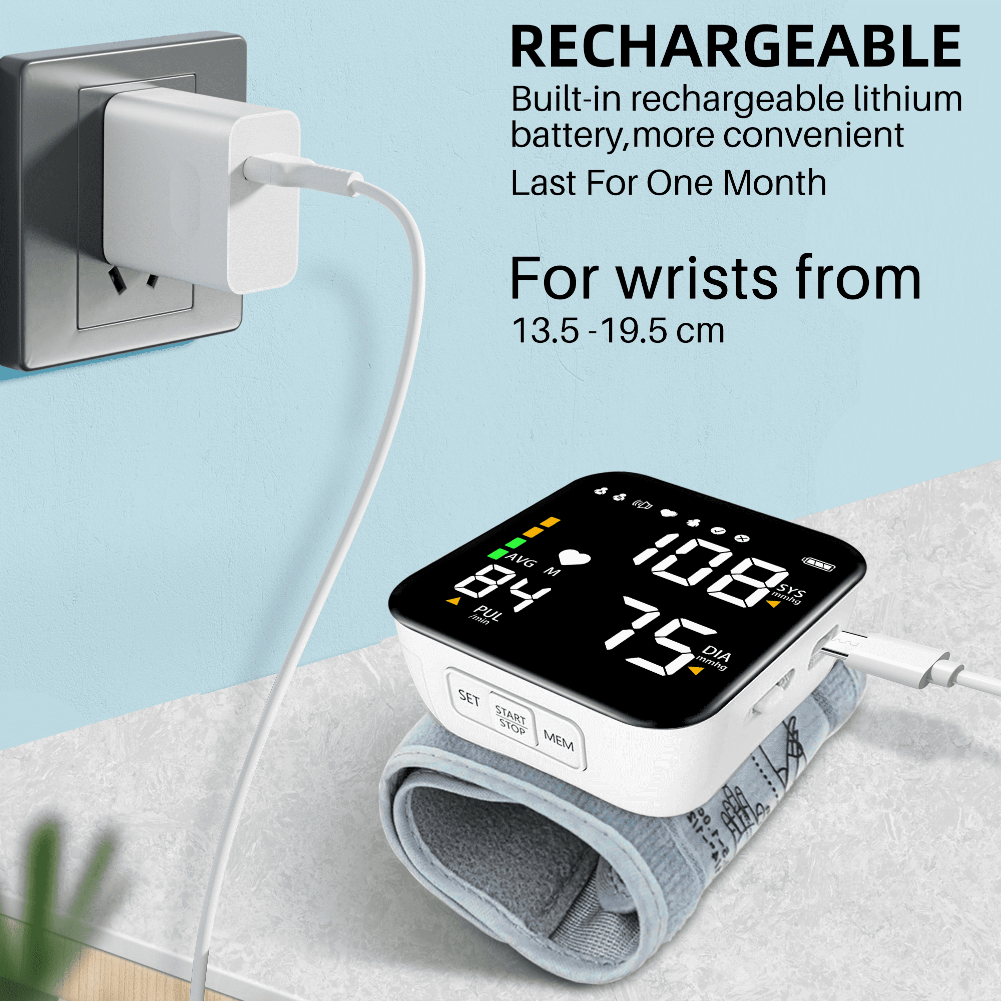 Automatic Wrist Blood Pressure Monitor with Adjustable Cuff Large LCD
