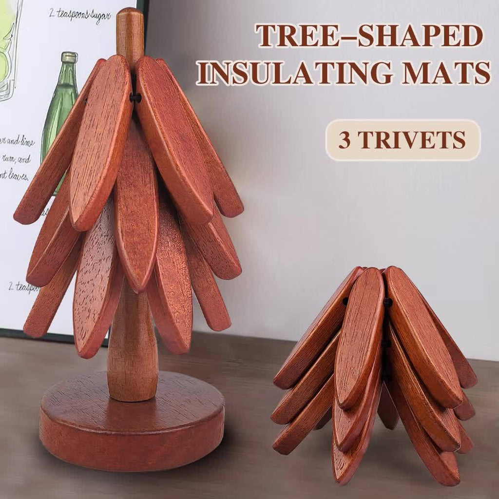 Wood Round Trivets Set with Tree Shaped Stand