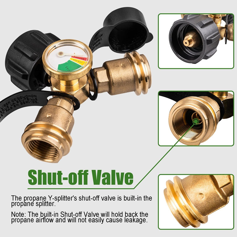 Propane Tank Y Splitter with Gauge and Shut Off Valve 2 Way LP Gas Adapter